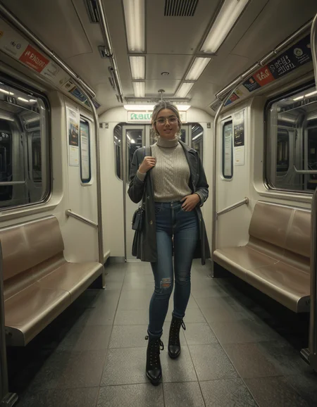 A modern subway train,Subw4y tr41n, in motion, with a single woman standing near the center of the train car, holding onto a shiny metal pole for balance as the train glides along the tracks. The woman is dressed casually yet stylishly, wearing a long black coat over a beige turtleneck sweater, paired with slim-fit jeans and ankle boots. Her hair is neatly tied back into a low bun, with a few loose strands framing her face. She has a thoughtful, calm expression, her gaze directed slightly downward as if lost in her own world. In her other hand, she holds a small tote bag, its strap looped over her wrist, with a paperback book peeking out from the top.
The subway car is clean but shows subtle signs of daily use. The walls are lined with muted gray panels, and the seats along the edges of the car are upholstered in a dark blue fabric, slightly faded from wear. Overhead, fluorescent lighting casts a bright, even glow across the interior, causing faint reflections on the polished floor, which is marked with the occasional scuff from commuters' shoes. Metal grab handles hang from above, gently swaying with the trainâs movement, and shiny steel poles are strategically placed throughout the car.
The windows on both sides reveal a blurry, motion-filled view of the dark subway tunnel, interspersed with flashes of graffiti-covered walls and dim utility lights. Above the windows, digital displays show the next stop in bright LED text, along with a route map that runs the length of the car. Small advertisements are mounted on the walls, showcasing everything from city events to product promotions, some with vibrant colors that add subtle contrast to the neutral tones of the train.
The atmosphere feels still and introspective, with the soft hum of the train and the occasional squeal of the wheels on the track. The train is sparsely occupied, with a few empty seats and subtle details like a forgotten coffee cup on one bench and a folded newspaper lying on the floor. The overall mood is quiet and reflective, capturing a moment of solitude and thoughtfulness during an ordinary subway ride.<lora:SDXLFaeTastic2400:0.4> <lora:extremely_detailed:0.4> extremely detailed, <lora:Subw4y_tr41n:1>, Masterpiece,best quality,hi res,8k,hi res,8k,award winning,(sharp focus, intricate, highly detailed),