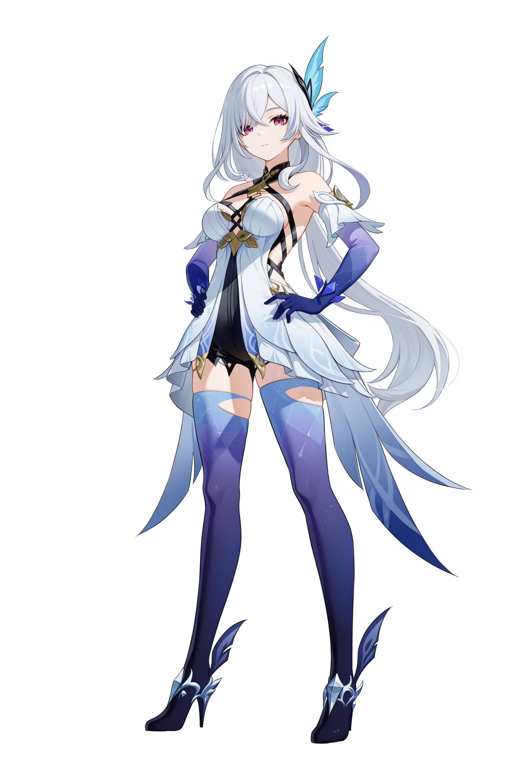 <lora:sikk_v1.0_illustrious-000058:1>,
sikk \(genshin impact\),solo,hair ornament,breasts,white hair,looking at viewer,thighhighs,bare shoulders,dress,high heels,full body,elbow gloves,white dress,closed mouth,gradient legwear,expressionless,black breasts,standing,hands on own hips,white_background,