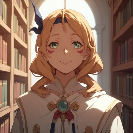 <lora:SlimesErinGrimwald:1>, score_9, score_8_up, score_7_up, slimes_eringrimwald, woman, solo, facial markings, smiling, library background