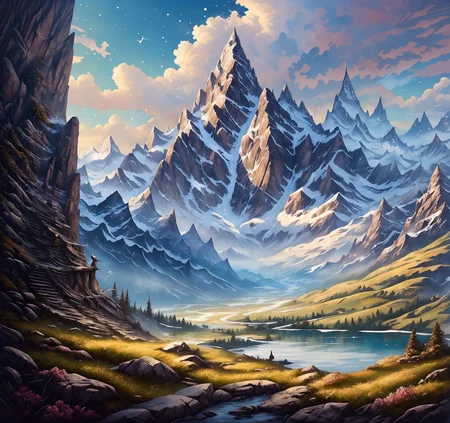 RAW photo, (masterpiece:1.3), subsurface scattering, heavy shadow, (high quality:1.4), (intricate, high detail:1.2), professional color photography, HDR, High Dynamic Range, realistic, ultra realistic, photorealistic, high resolution, film photography, ambient lighting, atmospheric effects, <lora:detail_slider_v4:2>, OverallDetail, <lora:storybook_last:1.2>, <lora:FantasyMountains:1>, bird, blue sky, building, cliff, cloud, cloudy sky, dawn, day, fanmou, flower, forest, from behind, gradient sky, grass, holding, holding polearm, lake, landscape, long hair, mountain, mountainous horizon, nature, no humans, outdoors, river, scenery, sky, snowing, stream, sunlight, tree, wide shot