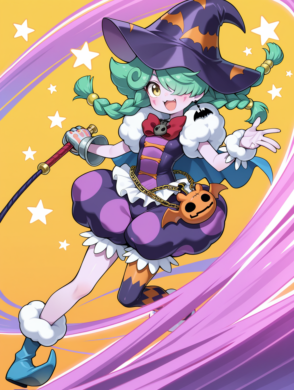 abyss actor - leading lady,1girl,solo,hair over one eye,smile,full body,star \(symbol\),open mouth,:3,:d,purple skin,skull hair ornament,bat bag,purple witch hat,red bow,purple dress,purple bloomers,single glove,single legwear,single wrist cuff,bat earrings,blue cape,blue pointy footwear,whip,holding whip,yellow background,
masterpiece,best quality,amazing quality,very aesthetic,absurdres,newest,<lora:Abyss Actor - Leading Lady illusXL v1.2:0.72>,