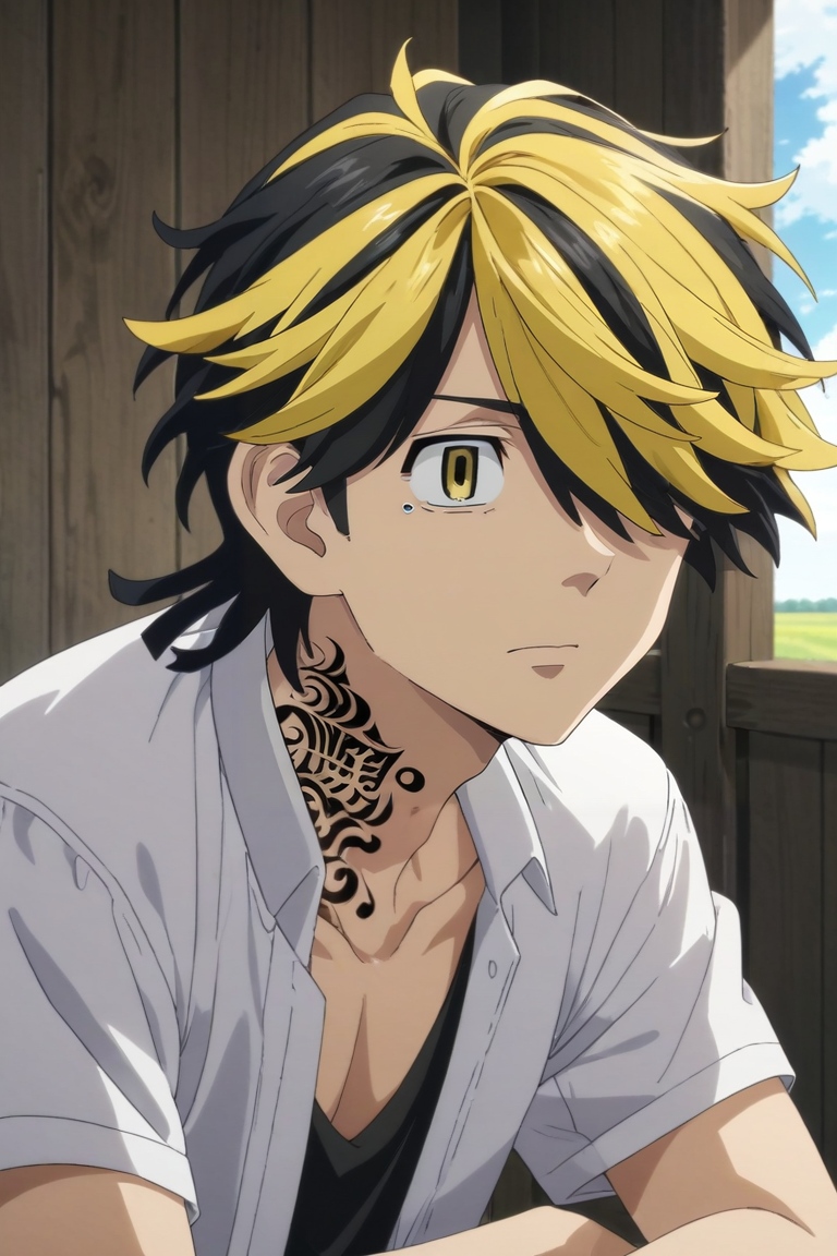 score_9, score_8_up, score_7_up, source_anime, rating_safe, , anime screencap, , , , , 1boy, solo, male focus, <lora:kazutora_hanemiya_pony:0.74>, kazutora_hanemiya, blonde hair, yellow eyes, short hair, multicolored hair, two-tone hair, black hair, hair over one eye, bangs, tattoo, neck tattoo, , cowboy shot, farm, plantation, dark, breast rest, tearing up, , <lora:sdxl_lightning_8step_lora:1>