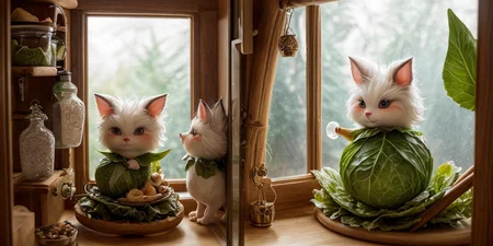 (a refrigerator door open)(fluffy, magical creatures ) Fantasy artwork with the refrigerator door open, its contents in disarray. Inside, two fluffy, magical creatures are present. One, wrapped in a cabbage leaf, looks at the viewer while shivering; the other stands next to a milk jug, making faces at its reflection in the glass. The scene captures the whimsical and fantastical nature of this miniature world, with detailed and realistic depictions of the food items, <lora:xl_more_art-full_v1:0.8> <lora:SDXLFaeTastic2400:0,6>