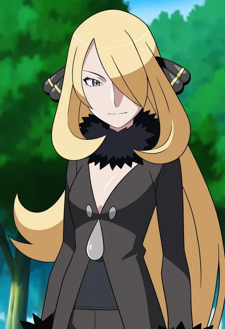 (watanabe akio:0.6), monogatari \(series\), promotional art, highres, absurdres, newest, masterpiece, best quality,
BREAK
1girl, cynthia \(pokemon\), blonde hair, hair over one eye, very long hair, grey eyes, eyelashes, hair ornament,
black coat, fur-trimmed coat, pants, shirt, fur collar, long sleeves,
outdoors, forest, blue sky, <lora:CynthiaIllustriousXL_byKonan:1>
