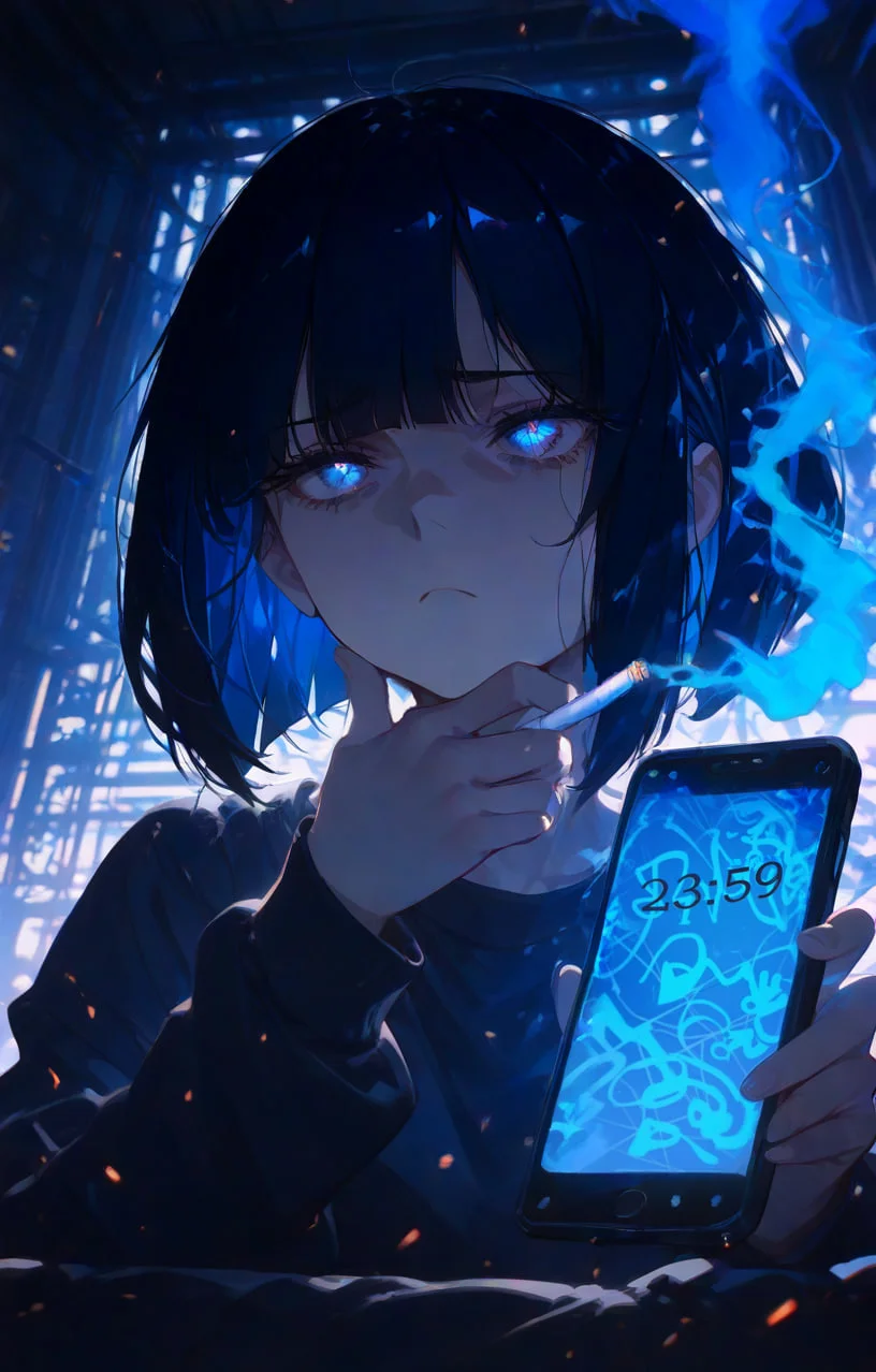 masterpiece, best quality, newest, absurdres, highres, safe,
(1girl),(casual style, urban setting, modern aesthetic:1.3),
(moody and atmospheric lighting:1.4),
(dark color palette, deep shadows, neon reflections),
(black and cyan contrast:1.3),
(black and cyan hair, sleek bob cut, sharp bangs:1.5),
(cold and tired expression:1.3),
(slight frown, disinterested, exhausted eyes:1.4),
(looking at phone, mild frustration),
(rakus from below, upward perspective:1.5),
(hand resting under chin, slightly lazy posture),
(dimly lit city background, faint neon lights, smartphone screen glow on face),
(holding smartphone with relaxed grip, checking messages, subtle reflection in phone screen),
(soft cyberpunk-inspired lighting, muted blue and gray tones),
(wisps of glowing blue mist rising:1.5),
(ethereal neon-blue mist drifting upwards, pulsating glow),
(faint blue reflections on face from the mist),
(extraordinary lighting effects, cinematic composition, high-contrast atmosphere).
