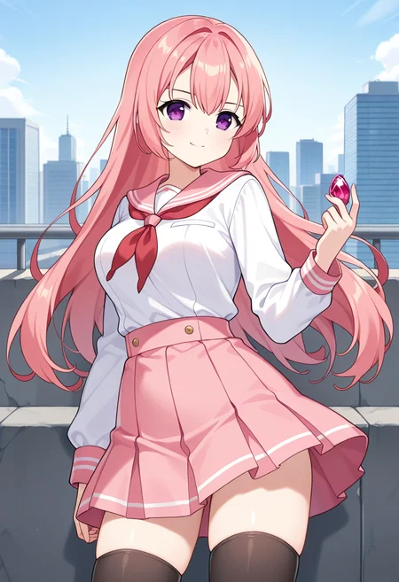 1girl, solo, fairyhartun, pink hair, long hair, hair down, purple eyes, medium breasts, white shirt, long sleeves, pink sailor collar, red neckerchief, pink skirt, black thighhighs, serafuku, holding gem, serious, confident smile, cowboy shot, outdoors, cityscape, looking at viewer