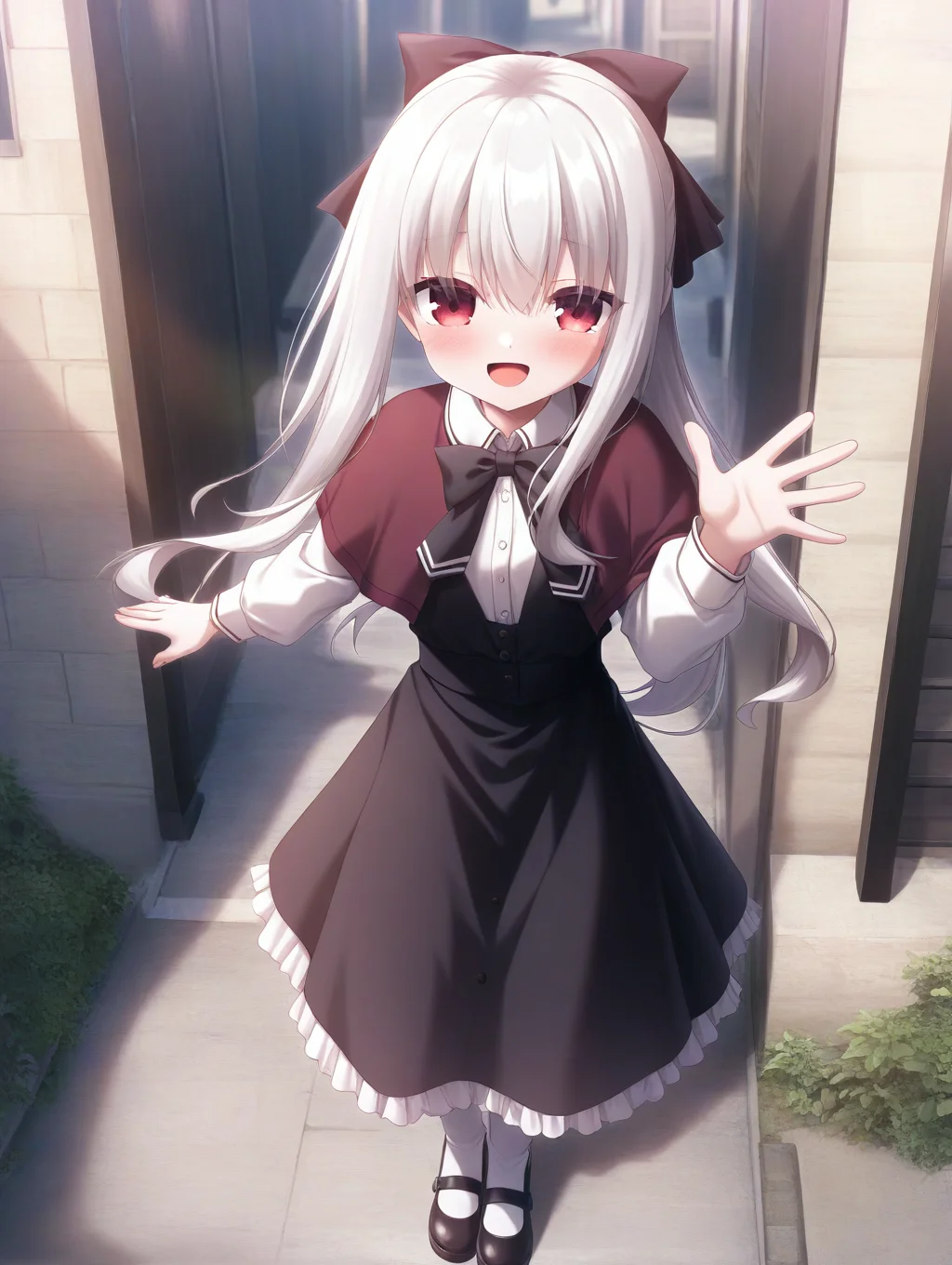 masterpiece,best quality,amazing quality,very aesthetic,absurdres,newest,scenery,<lora:Sion_ilxl_v1-000010:0.8>,1girl,solo,red eyes,long hair,dress,mary janes,blush,smile,looking at viewer,open mouth,school uniform,capelet,bow,ribbon,sion,standing,white hair,waving,