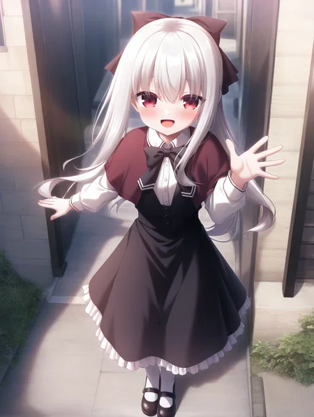 masterpiece,best quality,amazing quality,very aesthetic,absurdres,newest,scenery,<lora:Sion_ilxl_v1-000010:0.8>,1girl,solo,red eyes,long hair,dress,mary janes,blush,smile,looking at viewer,open mouth,school uniform,capelet,bow,ribbon,sion,standing,white hair,waving,