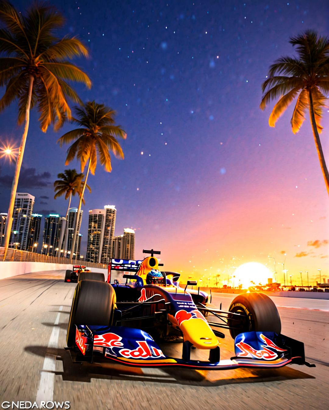 artstyle_by_neda, sharp, sunset, GP Racing cover photo of a high-performance Formula 1 Redbull race, Radiant Darkness, 5 Formula1 cars aligned, Formula One racetrack , dynamic, action packed, motion blur, Miami, Palm street,  Speeding down the formula one circuit, the Miami skyline glistening against the backdrop of a fiery sunset:1.4. , bright lights, ultra-detailed, movie still, ultrawide, glowing lights, beautiful magical sparkles, vibrant whimsical colors <lora:Neda_Sadreddin_Art_Style:1>
