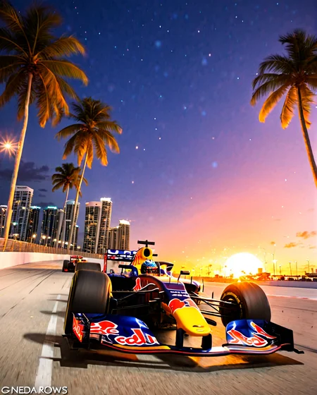 artstyle_by_neda, sharp, sunset, GP Racing cover photo of a high-performance Formula 1 Redbull race, Radiant Darkness, 5 Formula1 cars aligned, Formula One racetrack , dynamic, action packed, motion blur, Miami, Palm street, Speeding down the formula one circuit, the Miami skyline glistening against the backdrop of a fiery sunset:1.4. , bright lights, ultra-detailed, movie still, ultrawide, glowing lights, beautiful magical sparkles, vibrant whimsical colors <lora:Neda_Sadreddin_Art_Style:1>
