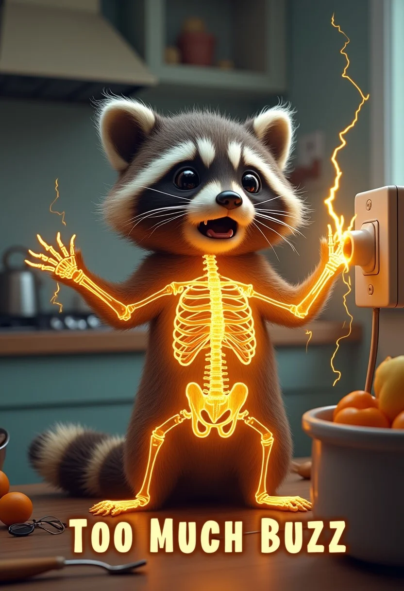 An incredibly cute raccoon has its finger in an electrical outlet and is being electrocuted. It has a cartoon X-ray view of its skull and skeleton while radiating yellow electricity. The raccoon has a shocked expression with its arms, legs, and tails outstretched. The scene is inside a very messy kitchen on the kitchen counter. Large subtitles read, “TOO MUCH BUZZ”