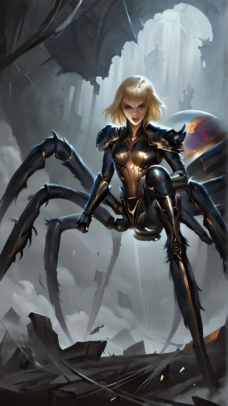 <lora:4r4chn1dPony:0.65>, score_9, score_8_up, score_7_up, score_6_up, score_5_up, score_4_up, closeup of 4r4chn1d, fantasy concept art, digital art, oil painting, realistic, detailed face, solo, arachnid, man desktop wallpaper, official_wallpaper, atmospheric, warrior, (screaming:0.6), combat stance, holding a weapon, blonde hair, Asian skin, Bob cut, in location cloud laboratory, (Masterpiece:1.3) (best quality:1.2) (high quality:1.1)