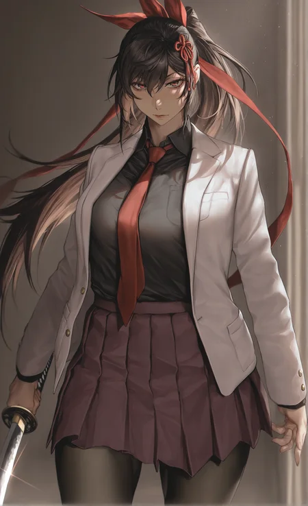 IllusP0s, Smooth Quality,
black hair, black pantyhose, black shirt, white blazer, open jacket, breasts, brown eyes, brown hair, collared shirt, hair ornament, hair ribbon, hayurizahardv3, 1girl, katana, long hair, looking at viewer, necktie, pleated skirt, ponytail, portrait, red eyes, red necktie, shirt, solo,
(watanabe wataru:0.75), (au \(d elete\):0.4), (lulu95402099:0.6),
<lora:HaYuriZahardV3:0.8>
<lora:watanabe_wataru:0.75>
<lora:Au_(D_Elete)-ill-Fandingo:0.4>
<lora:cfg_scale_boost:0.5>
<lora:lulu-e62_s930:0.66>