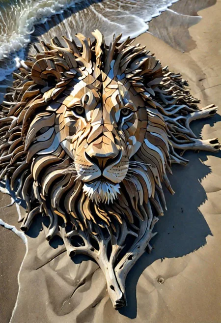 (drift wood washes up on the shore, all the tiny parts of drift wood form together to create a perfect shape of a Driftwood Lion on the shore), abstract, 3d render, strong, insanely intricate details, (masterpiece), breathtaking natures art work
