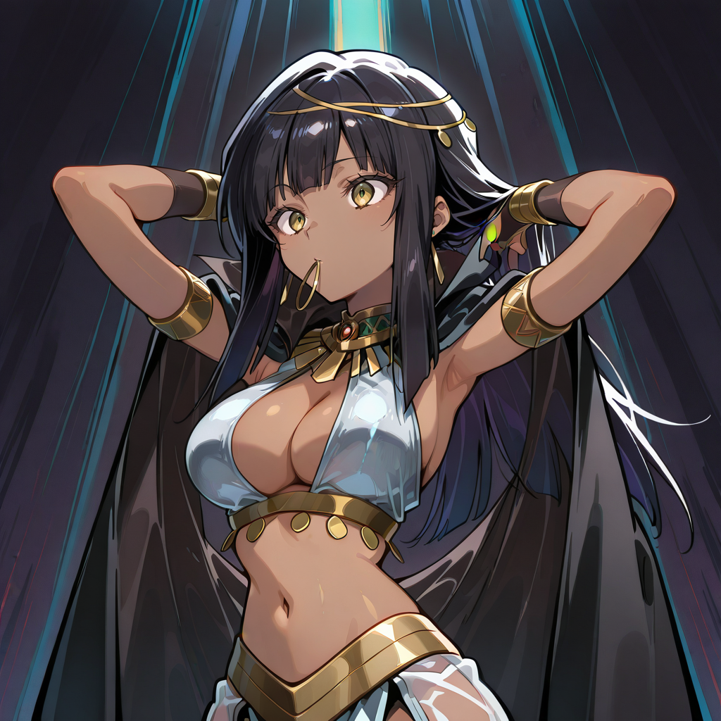 HDA_MasterpieceXL_v1.2, <lora:Nefertiri_The_Dancing_Saint_-_Loner_Life_In_Another_World:1> NEFEDANCERIL7, 1girl, breasts, dark-skinned female, long hair, bangs, yellow eyes, navel, black hair, jewelry, bridal gauntlets, gold hair ornament, earrings, silver black outfit, cleavage, breasts, see-through black cape, HDA_AdjustingHairXL
