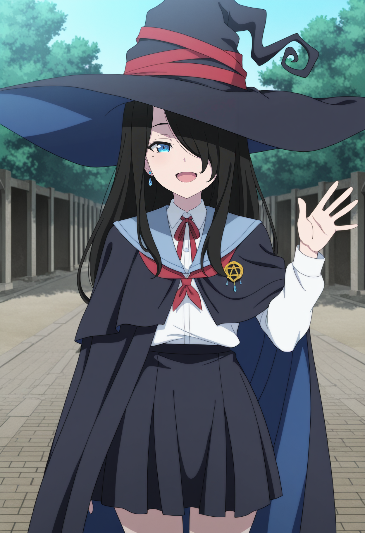 1girl,solo,mm,long hair,black hair,hair over one eye,mole under eye,earrings,blue eyes,anime coloring,
school uniform,neck ribbon,red ribbon,witch hat,cape,looking at viewer, waving, smile,open mouth, outdoors, cowboy shot, 
,masterpiece,best quality,amazing quality,<lora:Flan-Majo_no_Tabitabi:0.8>