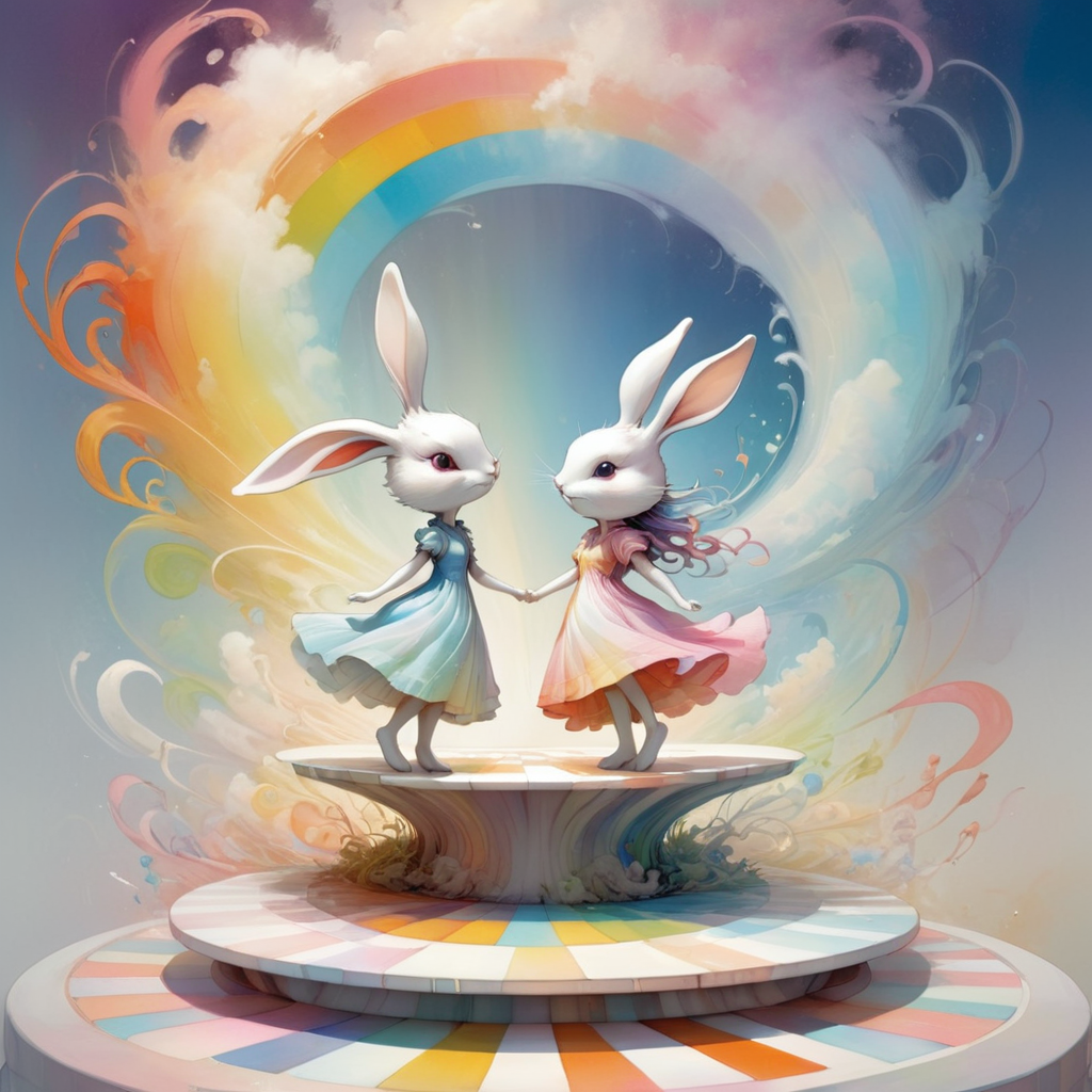 Two figures in a dreamlike state, surrounded by swirling colors, Rabbit, heaven, Anne Bachelier, Skottie Young, Isadora Duncan, with bright colors and a bright pastel rainbow color palette, This is a digital art piece, natural, with a vibrant, the background is white, Standing on a checkerboard-patterned platform, illustrated in a painterly style with soft edges, both in dynamic poses, ethereal glow, giving an ethereal illustration-style appearance  <lora:artfully_ANIMALFASHION:0.6>,