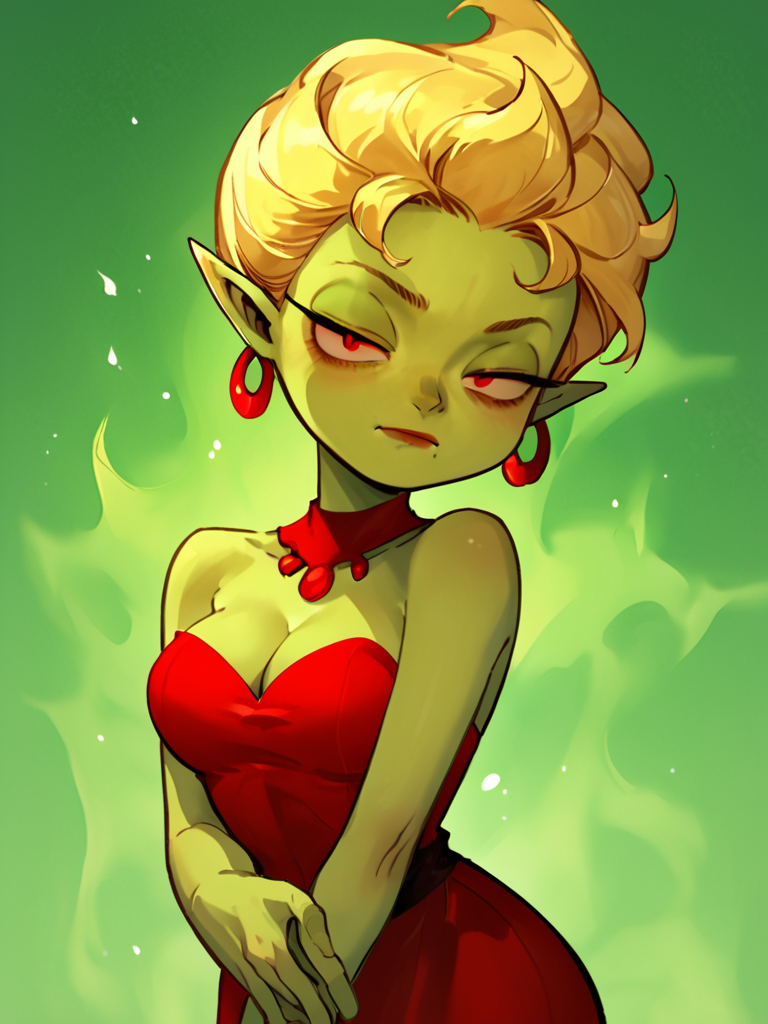 score_7_up, score_8_up, score_9, masterpiece, perfect face, perfect hands, high quality, source_anime, (1girl, solo,) <lora:Tina_Hellman_-_Neighbors_from_Hell:1> tinahellman, green skin, colored skin, red eyes, blonde hair, breasts, jewelry, pointy ears, red dress, strapless, cleavage