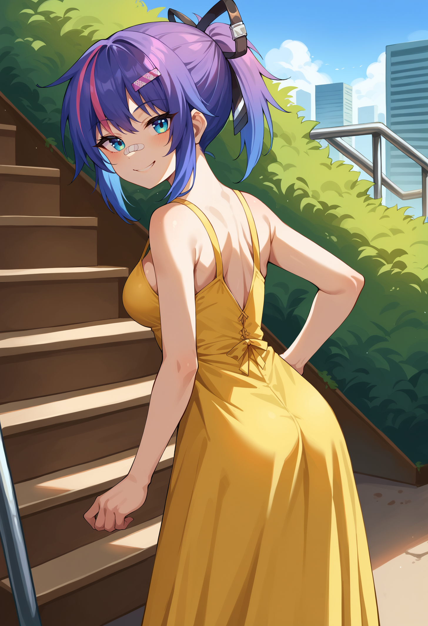 score_9, score_8_up, score_7_up, BREAK 1girl, solo, ProjektMelodyOriginal, bandaid on nose, medium breasts, <lora:ProjektMelodyOriginalPDXL_V1-Manityro-CAME:1.0>, outdoors, stairs, bush, cityscape, from behind, 
looking at viewer, smile, smirk,
short hair, ponytail, hair ribbon, hairclip, yellow dress, sundress
