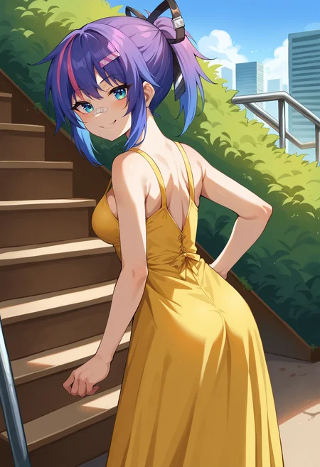 score_9, score_8_up, score_7_up, BREAK 1girl, solo, ProjektMelodyOriginal, bandaid on nose, medium breasts, <lora:ProjektMelodyOriginalPDXL_V1-Manityro-CAME:1.0>, outdoors, stairs, bush, cityscape, from behind,
looking at viewer, smile, smirk,
short hair, ponytail, hair ribbon, hairclip, yellow dress, sundress