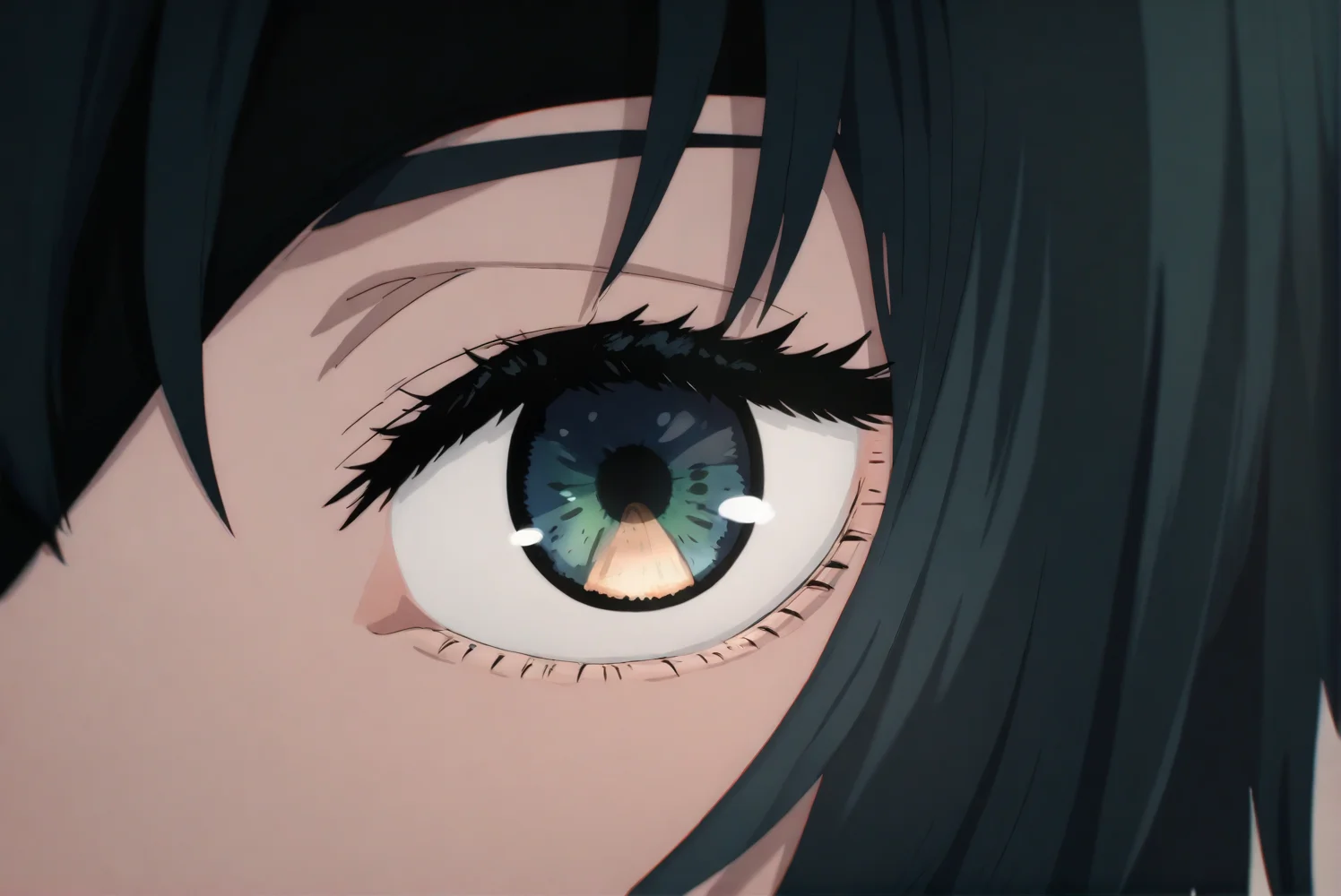eye focus,black hair,himeno (chainsaw man),solo,1girl,close-up,eyepatch,eyelashes,blue eyes,looking at viewer,reflection,green eyes,eye reflection,short hair,
masterpiece,best quality,amazing quality,very aesthetic,highres,absurdres,<lora:Chainsaw man animation style-NOOB05-lokr>,