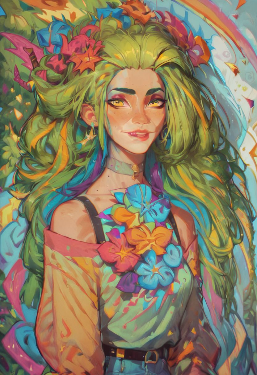 score_9, score_8_up, score_8, 1girl, smooth, highly detailed, green hair, perfect, high quality, yellow eyes, rainbow style, vibrant colors, vivid colors,