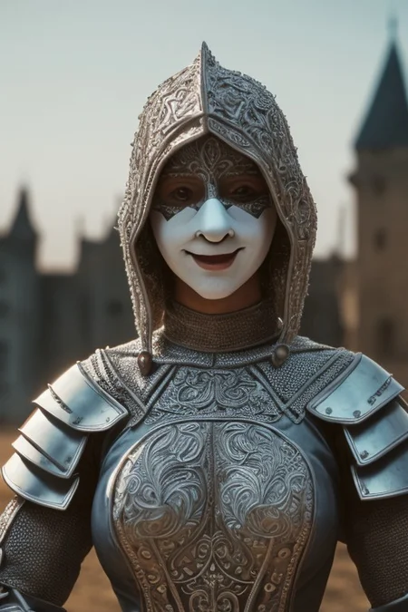 (masterpiece), (extremely intricate:1.3), (realistic), 5caryma5k, clown mask, portrait of a girl, the most beautiful and dark in the world, (medieval armor), metal reflections, upper body, outdoors, intense night, far away castle, professional photograph of a stunning woman detailed, sharp focus, dramatic, award winning, cinematic lighting, octane render, unreal engine, volumetrics dtx, (film grain, bokeh, blurry foreground, blurry background), crest on chest