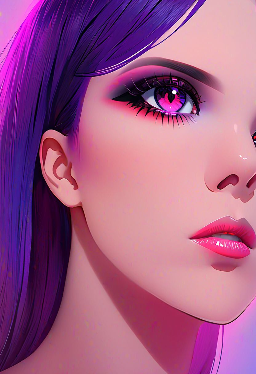 neo noir style portrait of a beautiful woman painted on wall with light, stunning beauty, soft light, pastel colors ,black and purple hair, dark punk, heavy makeup, line art, postmodernism, neo noir,   simple background, glowing lips, lips closed, light smile, masterpiece, natural style,  braided mohawk,, realistic and detailed eyes, beautiful eyes, amazing eyes,kawaii makeup dark makeup, nerd, red glowing lips, bangs,