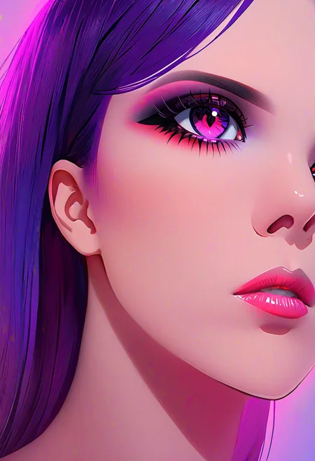 neo noir style portrait of a beautiful woman painted on wall with light, stunning beauty, soft light, pastel colors ,black and purple hair, dark punk, heavy makeup, line art, postmodernism, neo noir, simple background, glowing lips, lips closed, light smile, masterpiece, natural style, braided mohawk,, realistic and detailed eyes, beautiful eyes, amazing eyes,kawaii makeup dark makeup, nerd, red glowing lips, bangs,
