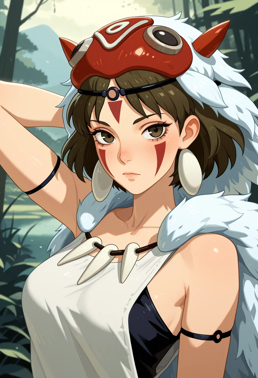 masterpiece, best quality, amazing quality,,<lora:afkJourneyIllustrious:1> afkJourneyStyle,
1girl, solo, san \(mononoke hime\), arm behind head, close view