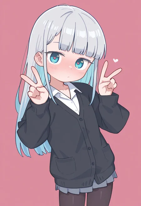 score_9,score_8_up, 1girl, wife, cute, very aesthetic, very feminine, feminine body, blushing, simple angle, beautiful eye, long eyelashes, 748cmstyle, extremely detailed eyes, {1girl, aharen, grey hair, blue hair, multicolored hair, blunt bangs, long hair, blue eyes, small breast}, {school uniform, white shirt,cardigan, black cardigan, long sleeves, black pantyhose}, {simple background}, absurdres, masterpiece, best quality, good quality, looking at viewer, stylized, extremely beautiful, orenji, cute pose, double peace sign