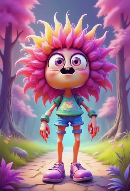 a funny hairy shaggy long-legged creature with huge eyes, a long bubbly nose, short legs and very long colorful nails (pstlCE_style, Jedtoon,cartoon)