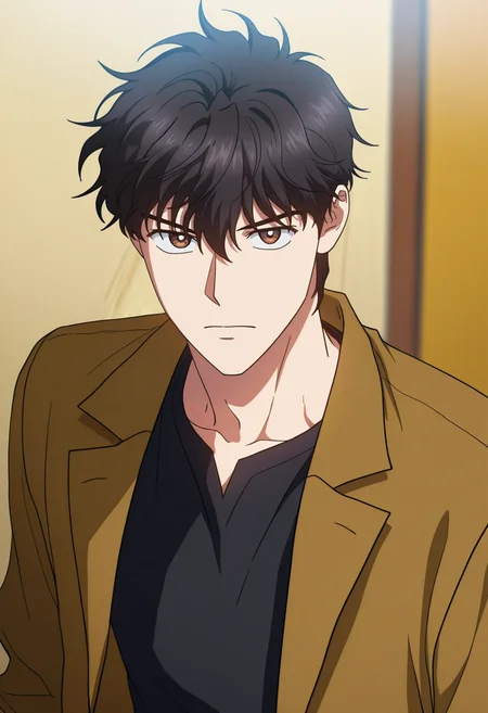 masterpiece, best quality, amazing quality,high resolution, intricate details,official style,depth of field,anime coloring,anime screencap , , , 1boy, solo, male focus, <lora:han_yoohyun:0.90>,han yoohyun,black hair,brown eyes,short hair,brown jacket,black shirt,t-shirt,looking at viewer