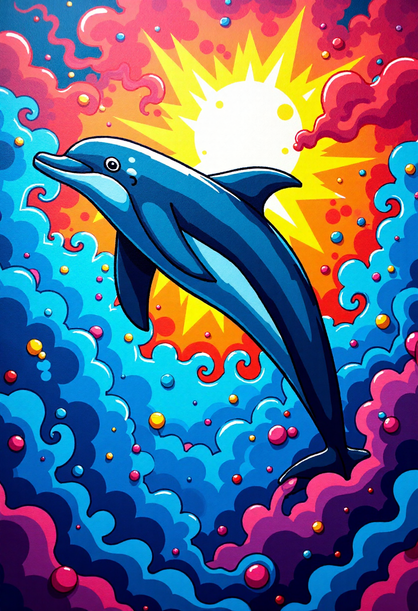 <lora:Graffiti_Characters2_FLUX-000011 (1):0.9>
This is a vibrant, stylized digital drawing set against a dramatic, abstract background, of a  a dolphin in the ocean