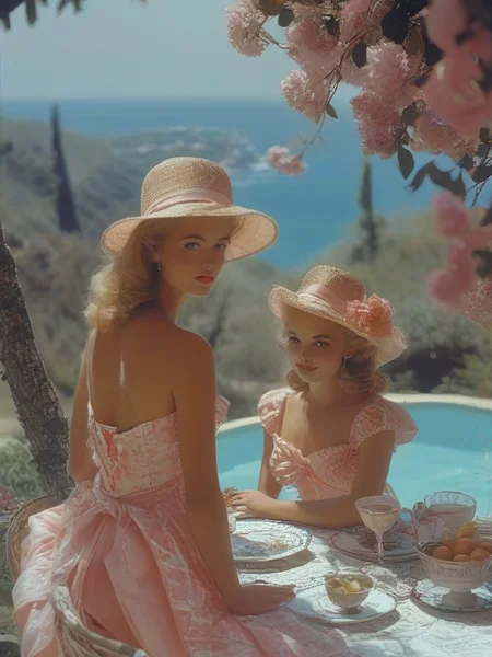 masterpiece,best quality,outdoor,style of Slim Aarons,<lora:tbh103-sdxl:1>,2girls,table