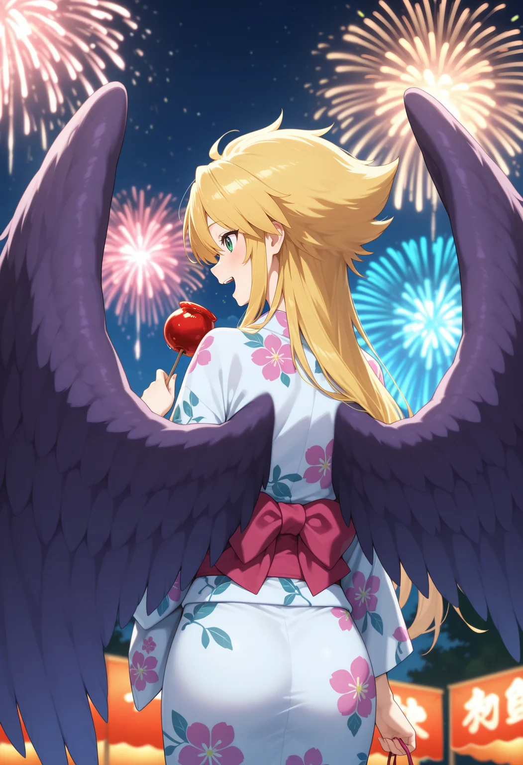 best quality, masterpiece, 1girl, aanina, long hair, blonde hair, green eyes, feathered wings, <lora:nina_(bof2)_ilxl_v1:0.9>, night, summer festival, outdoors, yukata, floral print, from behind, smile, laughing, fireworks, holding candy, candy apple, solo,