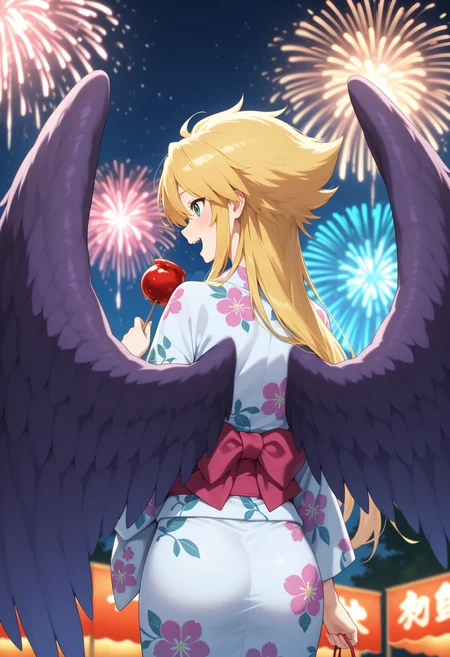 best quality, masterpiece, 1girl, aanina, long hair, blonde hair, green eyes, feathered wings, <lora:nina_(bof2)_ilxl_v1:0.9>, night, summer festival, outdoors, yukata, floral print, from behind, smile, laughing, fireworks, holding candy, candy apple, solo,