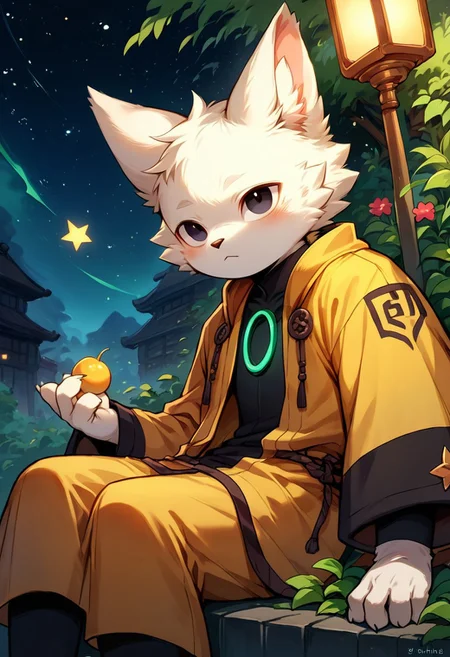 score_9, score_8_up, score_7_up, yi, yellow coat, coat long sleeves, wide sleeves, robe, haori, body suit, white fur, green ring on chest, animal ears, furry, furry male, black eyes, body fur, no mouths, reclining, looking up, cute, outdoors, night, stars, fantasy, eye catching