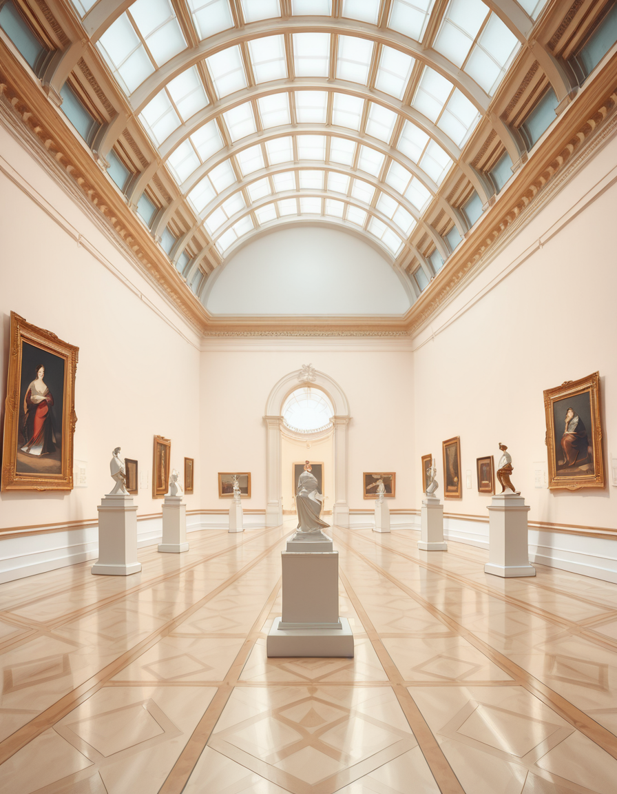 A high-resolution photograph of the interior of a grand art museum, featuring vast halls with high ceilings, intricate architectural details, and polished marble floors. The museum is illuminated by soft, natural light filtering through large arched windows, casting gentle shadows on the walls adorned with classical and modern paintings in ornate golden frames. In the center, a marble sculpture stands on a pedestal, surrounded by velvet ropes. Visitors walk around, some admiring the artwork, others engaged in quiet discussions. The atmosphere is serene and intellectual, with a warm color palette of beige, gold, and deep reds enhancing the elegance of the scene. The perspective is wide-angle, capturing the depth and scale of the museum, evoking a sense of awe and admiration.
<lora:SDXLFaeTastic2400:0.4> <lora:extremely_detailed:0.4> extremely detailed,art mus3um, <lora:art_mus3um-i:1>, Masterpiece,best quality,hi res,8k,hi res,8k,award winning,(sharp focus, intricate, highly detailed),