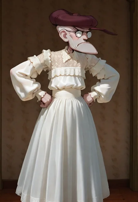 masterpiece, best quality, 1boy, solo, Eustace, Bagge, hat, glasses, grumpy expression, white dress, puffy long sleeves, lace, lace trim, mansion background, default background