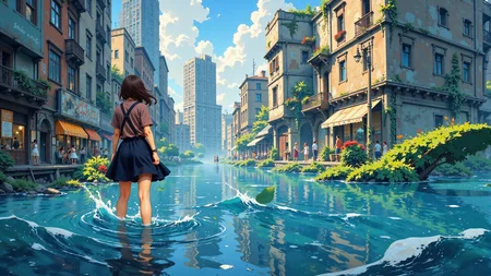 a flood in a city beautiful anime landscape, noon, woman, very intricate, very detailed, sharp, bright, colorful, <lora:Hand v2:0.5> <lora:Anti-Blur:1><lora:Insane Detail Slider:0.25> <lora:flux.1_lora_flyway_Epic-detail_v2:0.3> <lora:fluxenhancer:0.25> <lora:ROWER:0.6> <lora:Niji Anime Scenic:0.8>