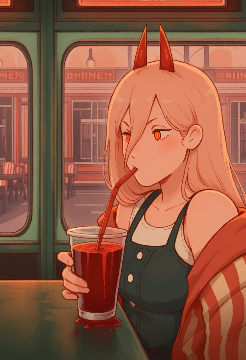 WhimsiFantasystyle,  masterpiece, best quality, solo,  power \(chainsaw man\),  red horns, drinking blood smoothie, straw, street, seated in diner, warm colors, window, 