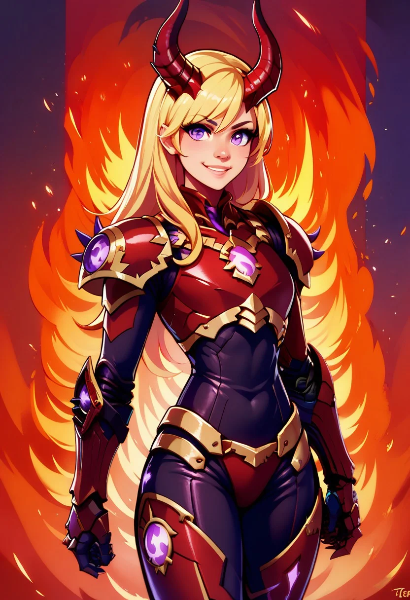 score_9, score_8_up, score_8,
Khrn, 1girl, solo, long hair, looking at viewer, smile, blonde hair, purple eyes, cowboy shot, horns, armor, cosplay, gauntlets, prosthesis, power armor, fire background,