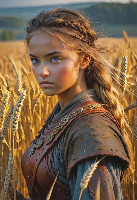 dark focused photo, masterpiece, best quality, ultra detailed, UHD, perfect anatomy, portrait, dof, hyper-realism, majestic, awesome, inspiring, cinematic composition, soft shadows, national geographic style, perfection, perfect eyes, perfect face,
wheat field, forest, beautiful dawn,
18yo russian girl is immortal ancient warrior who protects our world from demons, armed with gladius,
ffacedetailxl
