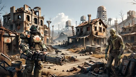 score_9,score_8_up,score_7_up,source_anime,<lora:fallout_style_pony:0.2>,falloutlora,
BREAK wasteland,town,ruins,<lora:GatlingGun_pdxl_Incrs_v1:0.6>,gatling gun,holding gatling gun,[:smoke, firing:0.25],
BREAK 1boy,<lora:T60_Power_Armor_Fallout_Pony_XL:0.6>,Power Armor,fallout,
BREAK <lora:feral_ghoulV2:0.8>,feral_ghoul,monster,