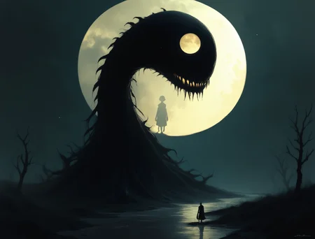 score_9, score_8_up, score_7_up, score_6_up, score_5_up, score_4_up, monster creature silhouette, moon light, backlight, overcast  <lora:ponys-dream:.9>