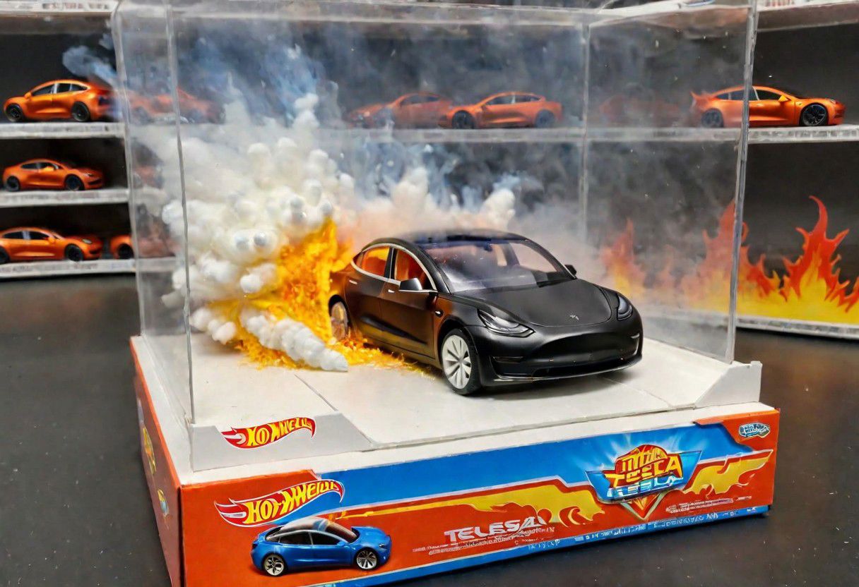 Hot Wheels toy car company have made a toy car version of a Tesla Model 3, The toy telsa model 3 car comes in a mini display unit/box. The car is exploding into fire and flames, white smoke fills the top of the display box, (realistic explosion from car), (realistic Flames bellow from the car windows inside the display unit),  (standing next to the car is a little palstic toy man, he holds both arms in the air,