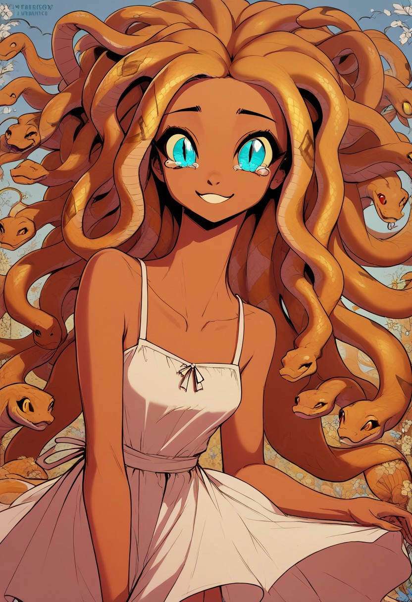 score_9, score_8_up, score_8, female, cel-shading, backlit, big eyes, cute eyes, delicate features, long hair, (dreadlocks), portrait, floral background, sundress, small breasts, medusa, ((((snake hair)))), happy cry, teary eyes, smile, teal, cyan, tan,