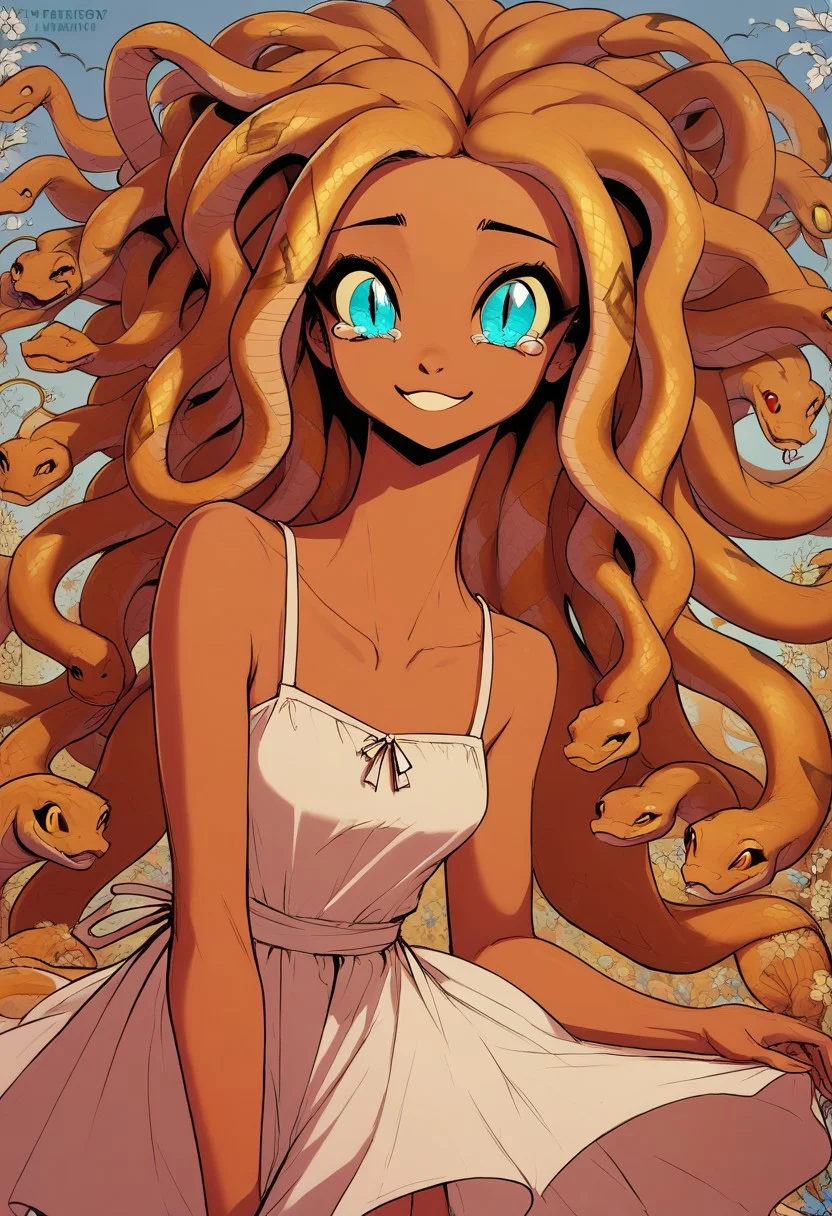 score_9, score_8_up, score_8, female, cel-shading, backlit, big eyes, cute eyes, delicate features, long hair, (dreadlocks), portrait, floral background, sundress, small breasts, medusa, ((((snake hair)))), happy cry, teary eyes, smile, teal, cyan, tan,