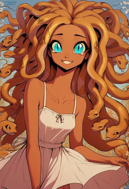 score_9, score_8_up, score_8, female, cel-shading, backlit, big eyes, cute eyes, delicate features, long hair, (dreadlocks), portrait, floral background, sundress, small breasts, medusa, ((((snake hair)))), happy cry, teary eyes, smile, teal, cyan, tan,